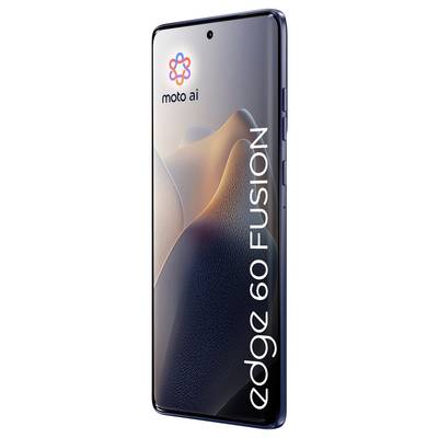„Moto Edge 60 Fusion" Smartphone mit schlankem Design und „moto ai" Branding auf dem Bildschirm.