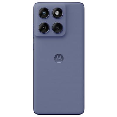 Smartphone mit gekrümmtem Bildschirm, das „motorola edge 50 fusion" anzeigt. Der Hintergrund zeigt abstrakte orange- und blaue Wellenmuster.