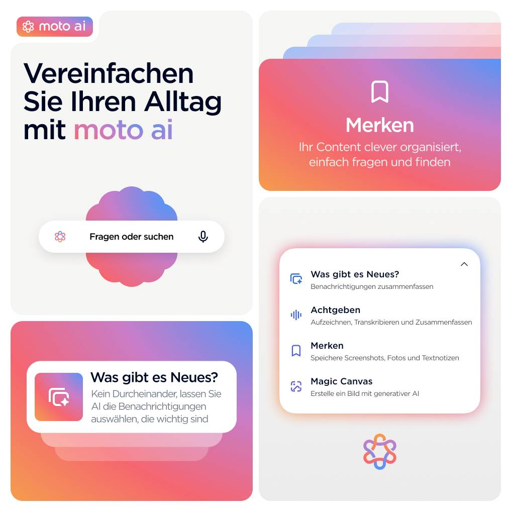 'Vereinfachen Sie Ihren Alltag mit moto ai'. Vier bunte Kacheln: Sucheingabe, Merken, Infos über neue Funktionen und Magic Canvas.