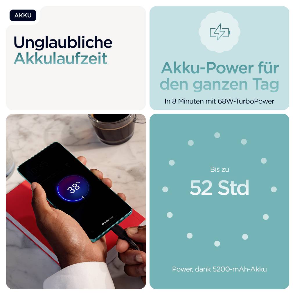 'Werbung für Akku mit Bild eines Smartphones beim Laden. Text: Unglaubliche Akkulaufzeit, bis zu 52 Stunden, in 8 Minuten mit 68W-TurboPower.'