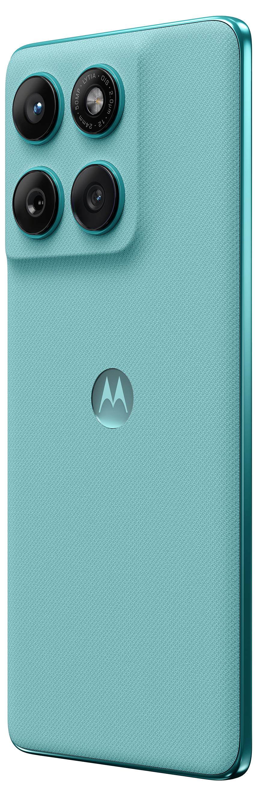 Ein türkisfarbenes Smartphone mit vier Kameraobjektiven auf der Rückseite und einem markanten Logo in der Mitte.