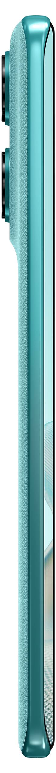 Seitenansicht eines türkisfarbenen Smartphones mit Dual-Rückkameras, die sein schlankes und elegantes Design betont.