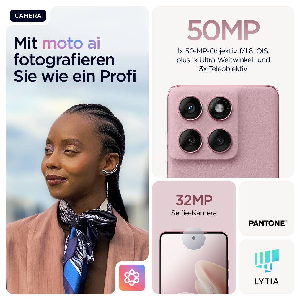 'Smartphone mit drei Kameralinsen, beworben für 50MP Fotografie. Text: "Mit moto ai fotografieren Sie wie ein Profi". Frau im Hintergrund.'