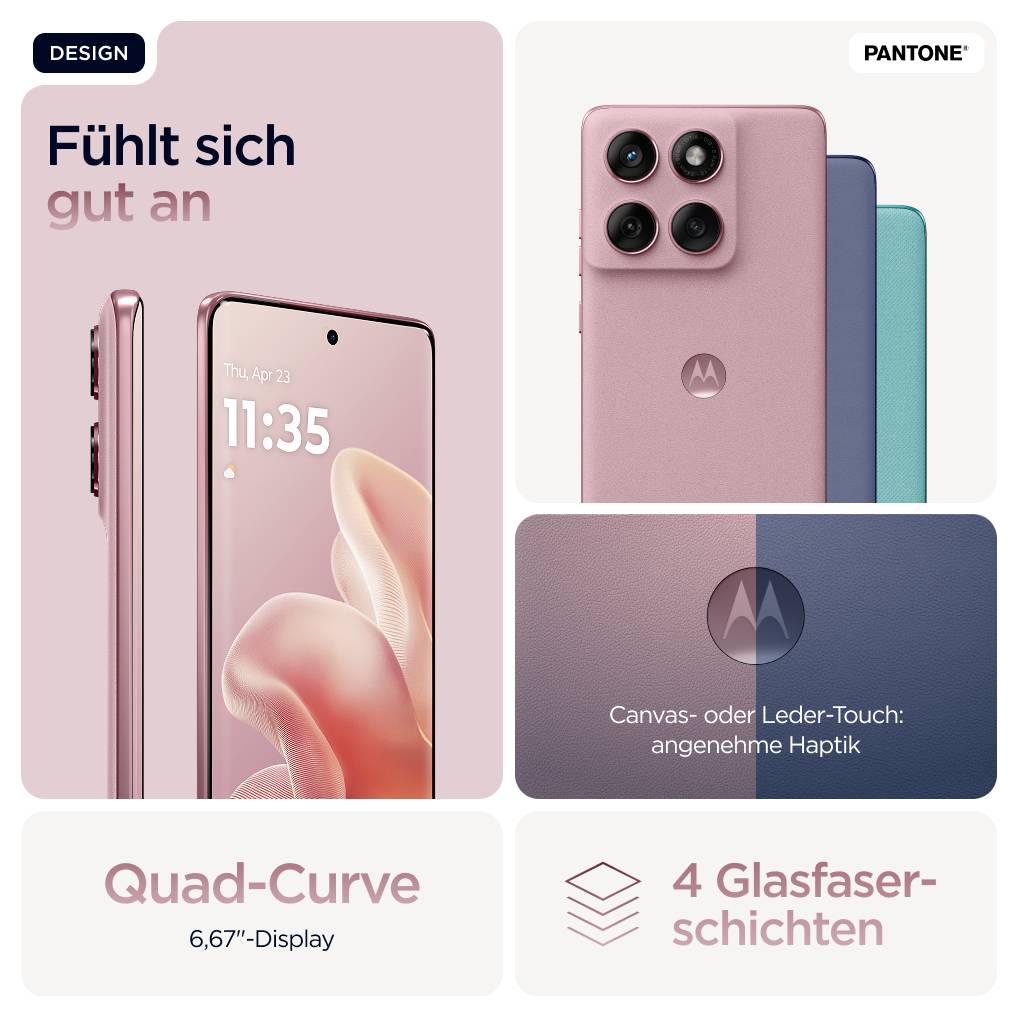 'Motorola-Smartphone in Rosa, Quad-Kamera, 6,67"-Display. Texte: Fühlt sich gut an, Quad-Curve, 4 Glasfaser-schichten.'