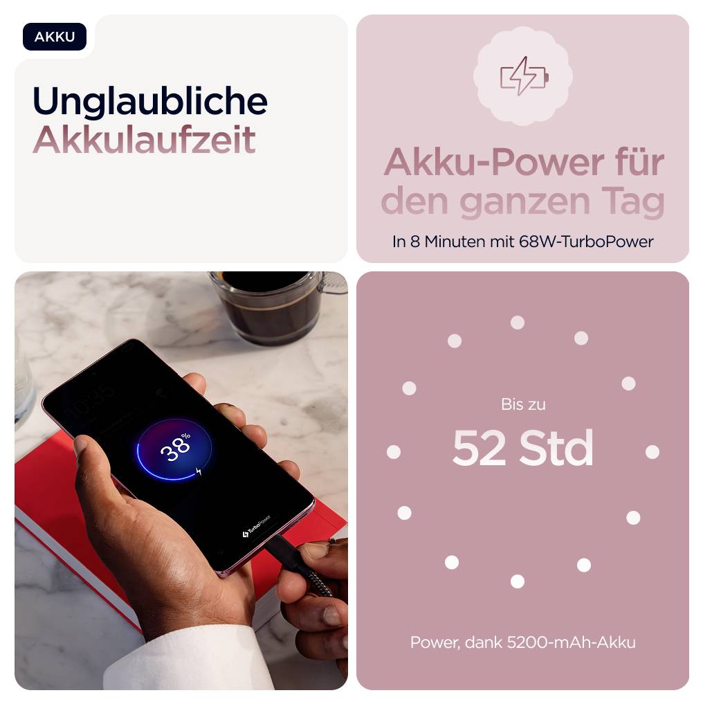 Smartphone wird aufgeladen. Text: 'Unglaubliche Akkulaufzeit', 'Akku-Power für den ganzen Tag', 'Bis zu 52 Std'.