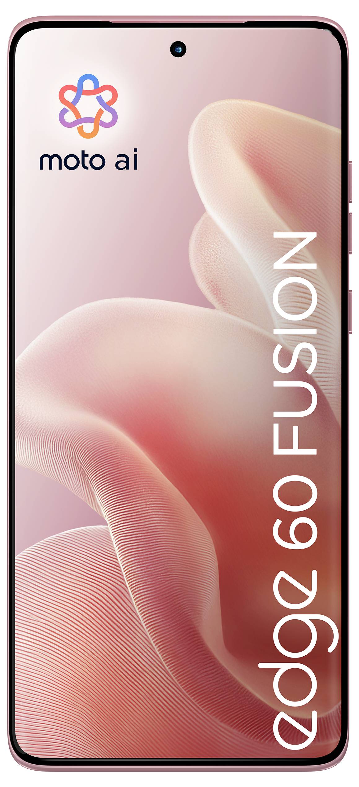 Ein Smartphone, das den Text "moto ai" und "edge 60 fusion" anzeigt, mit einer stilisierten blütenartigen Grafik auf rosa Hintergrund.