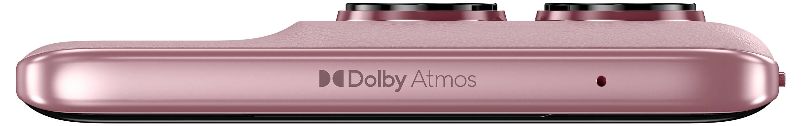 Eine Nahaufnahme der oberen Kante eines rosa Smartphones mit zwei rückwärtigen Kameraobjektiven und einem "Dolby Atmos"-Logo, das eine Audioverbesserung anzeigt.
