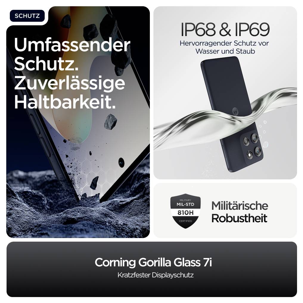 'Smartphone mit robustem Design und Schutzfeatures wie Corning Gorilla Glass 7i, IP68/IP69 und militärischer Robustheit.'
