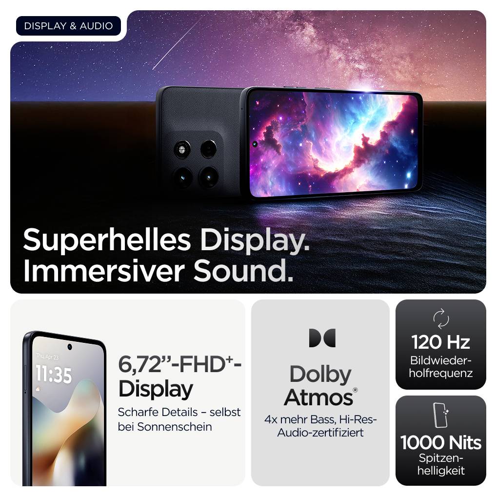 'Smartphone mit superhellem FHD+ Display und immersivem Sound. 6,72" Display, 120 Hz, Dolby Atmos, 1000 Nits Helligkeit.'