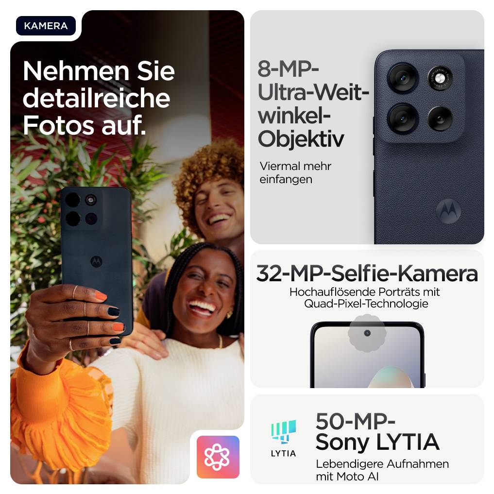 'Personen posieren für ein Selfie. Werbung für Smartphone-Kamera mit 8-MP-Weitwinkel, 32-MP-Selfie und 50-MP-Sony LYTIA.'