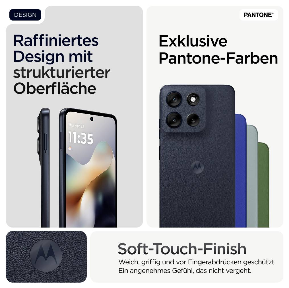 'Zwei Smartphones mit strukturiertem Design, in exklusiven Pantone-Farben. Soft-Touch-Finish schützt vor Fingerabdrücken.'