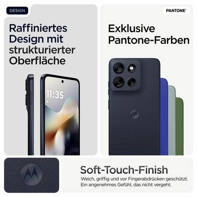 'Zwei Smartphones mit strukturiertem Design, in exklusiven Pantone-Farben. Soft-Touch-Finish schützt vor Fingerabdrücken.'