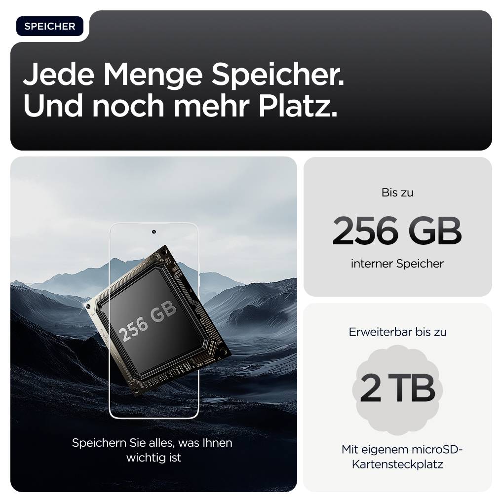Smartphone-Werbung zeigt Speicheroptionen: Bis zu 256 GB interner Speicher, erweiterbar auf 2 TB mit microSD-Kartensteckplatz.