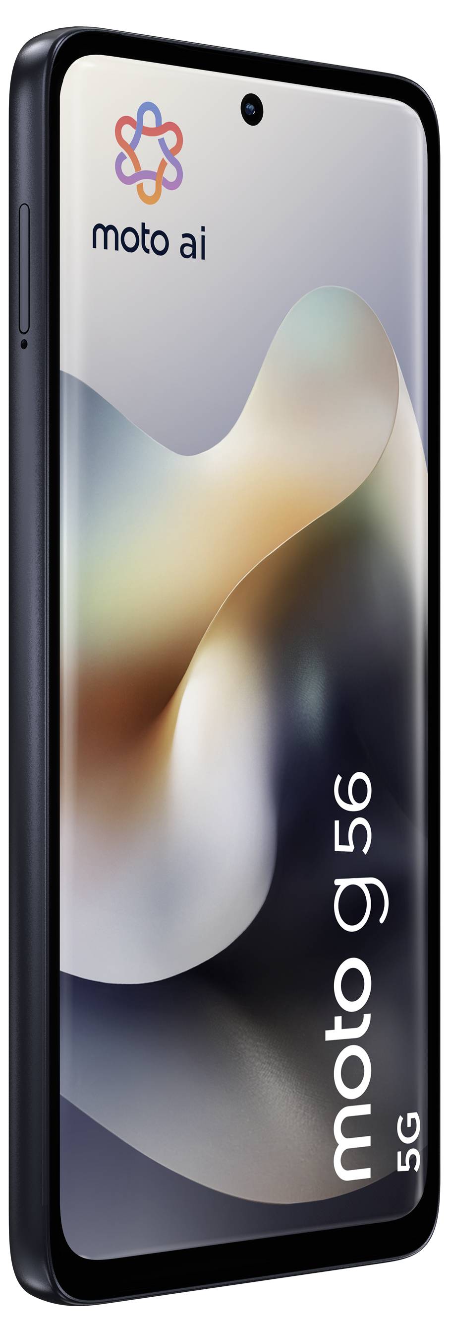 Smartphone mit „moto g56 5G"- und „moto ai"-Logos, schwarzer Rahmen, Glasbildschirm, zeigt schlankes Design.