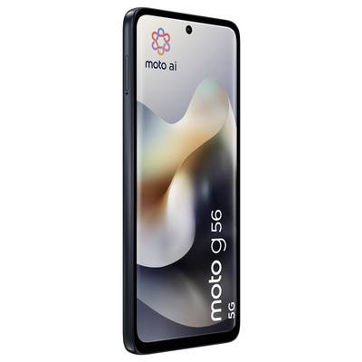 Smartphone mit „moto g56 5G"- und „moto ai"-Logos, schwarzer Rahmen, Glasbildschirm, zeigt schlankes Design.