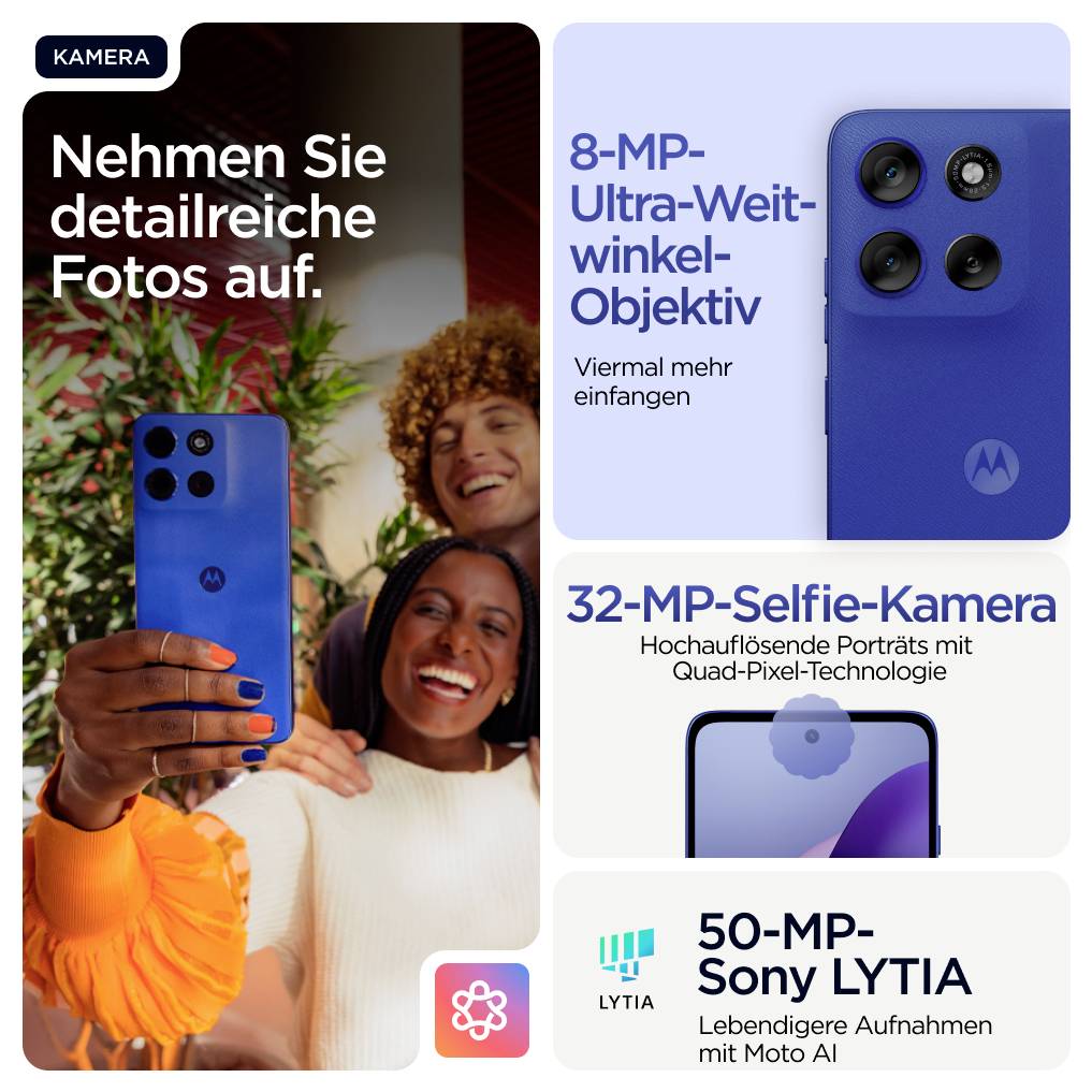 Die Grafik zeigt ein Handy mit drei Kameras und begleitendem Text. Hauptmerkmal: 8-MP-Ultra-Weitwinkel-Objektiv, 32-MP-Selfie-Kamera, 50-MP-Sony LYTIA. Im Hintergrund zwei lächelnde Personen.
