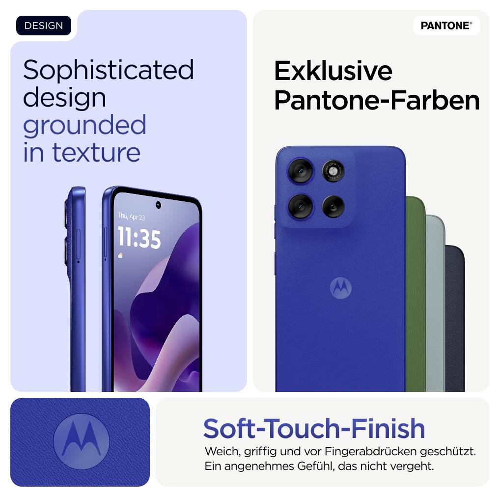 Smartphone mit blauem Soft-Touch-Finish, präsentiert mit den Merkmalen: exklusive Pantone-Farben, texturiertes Design, fingerabdruckresistent.
