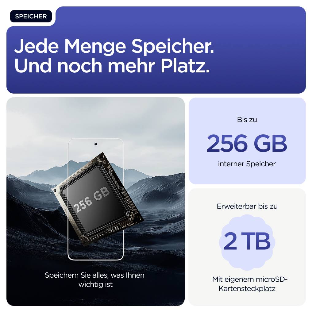 'Diagramm zeigt erweiterten Speicher eines Geräts: Bis zu 256 GB intern und erweiterbar bis 2 TB mit microSD-Kartensteckplatz.'