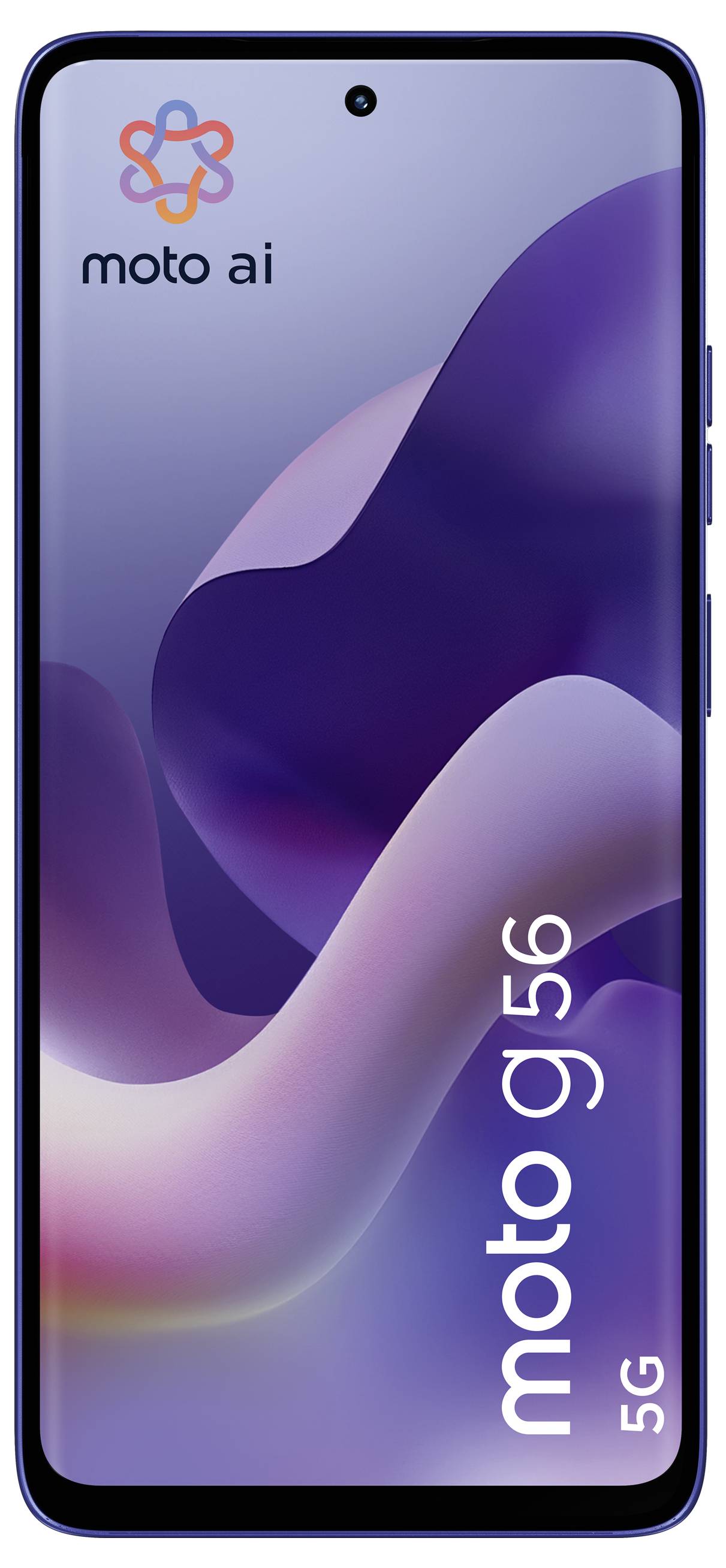 Smartphone mit der Anzeige "moto g56 5G" mit gebogenem abstraktem Design auf dem Bildschirm, das "moto ai"-Logo oben zeigt.