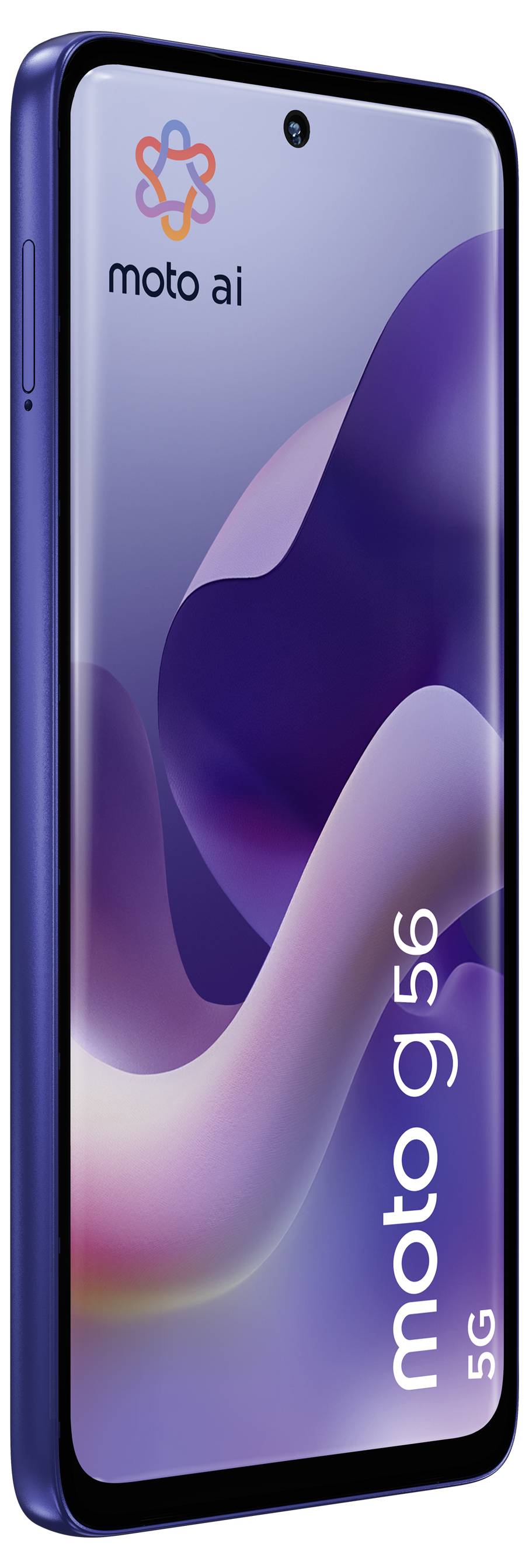 Ein blaues Moto G56 5G-Telefon mit einem „moto ai"-Logo auf dem Bildschirm, mit einem eleganten, modernen Design und abgerundeten Kanten.