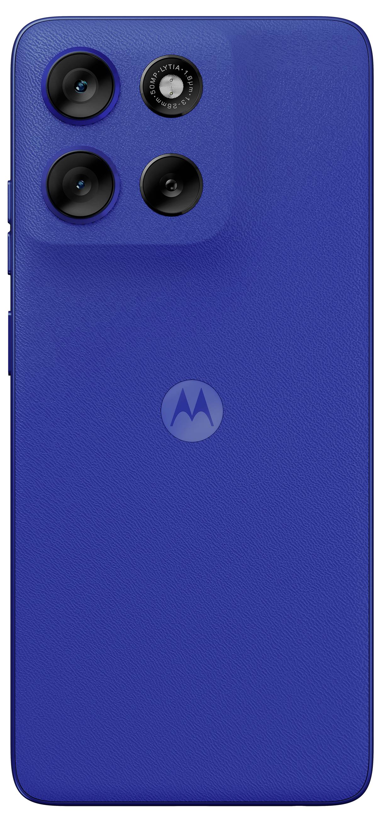 Ein blaues Smartphone mit strukturierter Rückseite, drei Kameraobjektiven und einem Markenlogo in der Mitte.