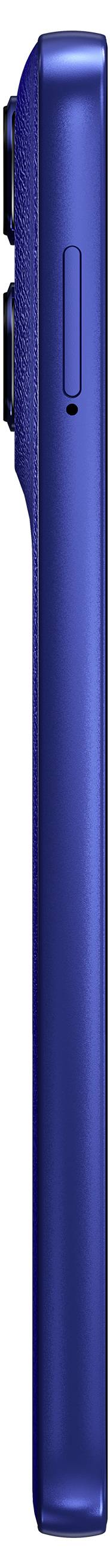 Eine Seitenansicht eines blauen Smartphones, das sein schlankes Profil und das duale hintere Kameramodul hervorhebt.