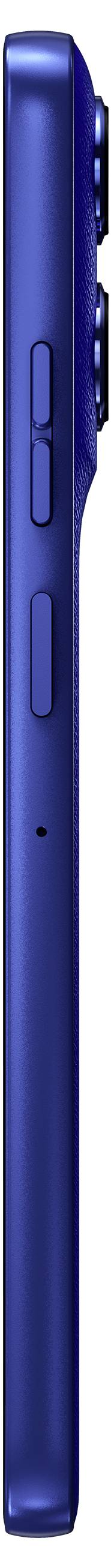 Seitenansicht eines blauen Smartphones mit Lautstärkereglern und Kameralinsenvorsprung oben, das das schlanke Profil des Telefons hervorhebt.