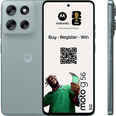 Motorola Moto G56 Smartphone in Grün, zeigt Vorder- und Seitenansichten. Der Bildschirm zeigt „Kaufen - Registrieren - Gewinnen" mit einem QR-Code und FIFA-Partnerlogo.