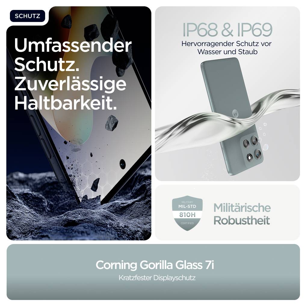 'Umfassender Schutz. Zuverlässige Haltbarkeit.' zeigt ein robustes Smartphone-Design mit Wasser und Staub, betont Haltbarkeit und Schutz.