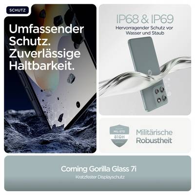 'Umfassender Schutz. Zuverlässige Haltbarkeit.' zeigt ein robustes Smartphone-Design mit Wasser und Staub, betont Haltbarkeit und Schutz.