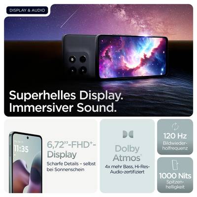 'Smartphone mit superhellem Display und immersivem Sound. 6,72" FHD+ Bildschirm, Dolbys Atmos, 120 Hz, 1000 Nits maximale Helligkeit.'