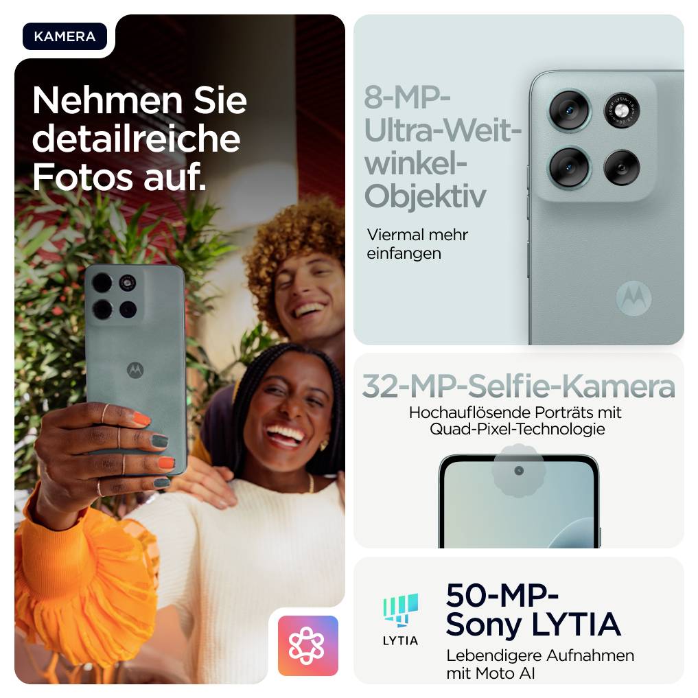 Person hält ein Smartphone hoch für ein Foto. Text hebt drei Kamerafunktionen hervor: 8-MP-Ultra-Weitwinkel, 32-MP-Selfie und 50-MP-Sony LYTIA.
