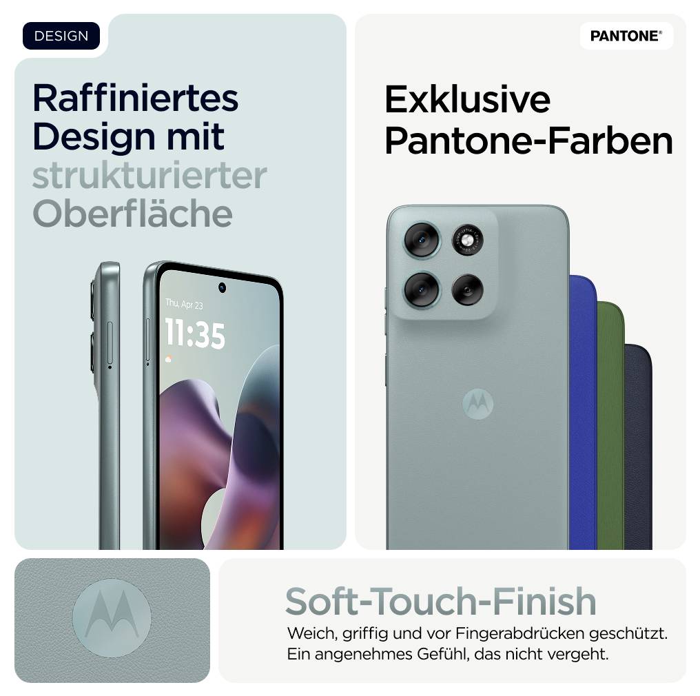 'Raffiniertes Design mit strukturierter Oberfläche und exklusive Pantone-Farben. Soft-Touch-Finish schützt vor Fingerabdrücken.'