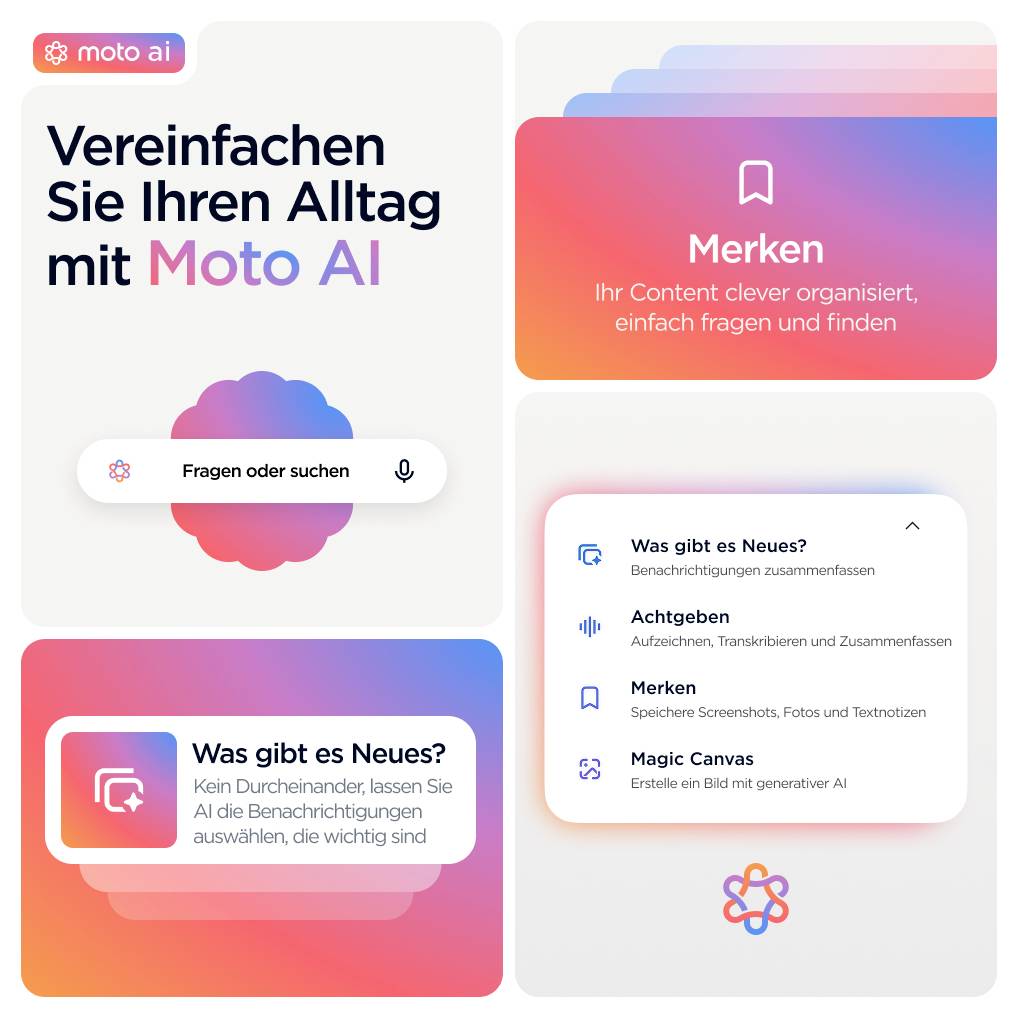 'Vereinfachen Sie Ihren Alltag mit Moto AI.' App-Oberfläche zeigt Funktionen wie Suchen, Merken, Neuigkeiten und Magic Canvas. Hauptmenü und Features sichtbar.