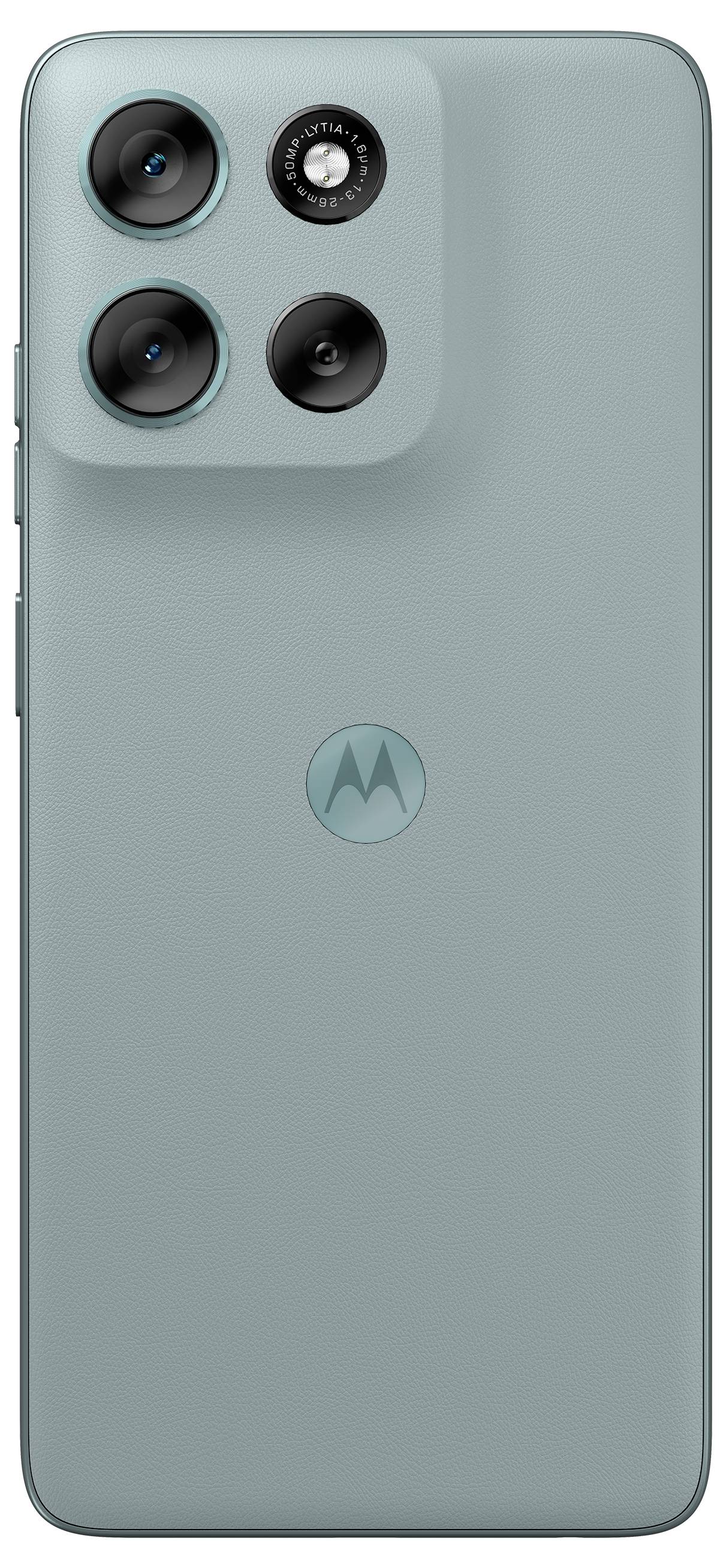 Ein Smartphone in Blaugrün-Farbe von hinten betrachtet, mit einem dreifachen Kameraaufbau und einem Motorola-Logo unter den Kameras.