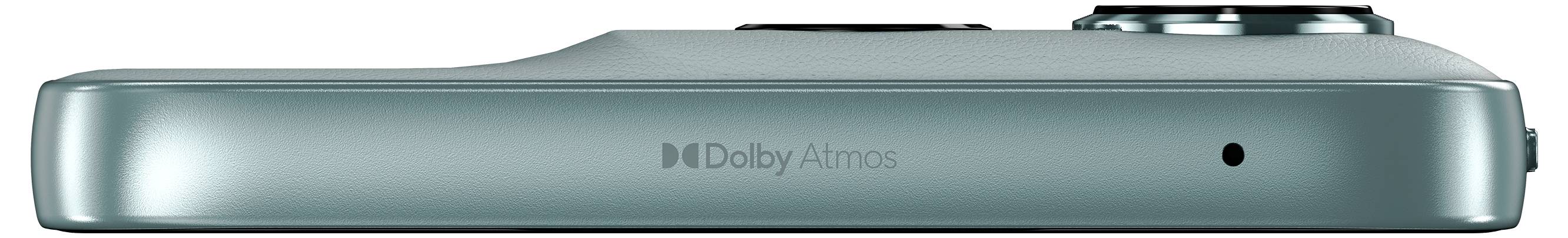 Seitenansicht eines türkisfarbenen Smartphones mit dem "Dolby Atmos"-Logo, mit Kamerabuckel und schlankem Design.