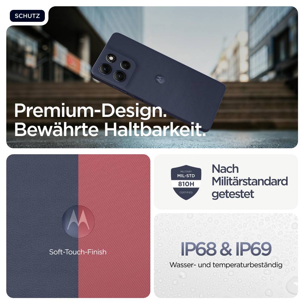 Ein Smartphone mit vier Kameras, betont durch 'Premium-Design. Bewährte Haltbarkeit.' Merkmale beinhalten Mil-Standard-Test, Soft-Touch-Finish, wasser- und temperaturbeständig (IP68 & IP69).