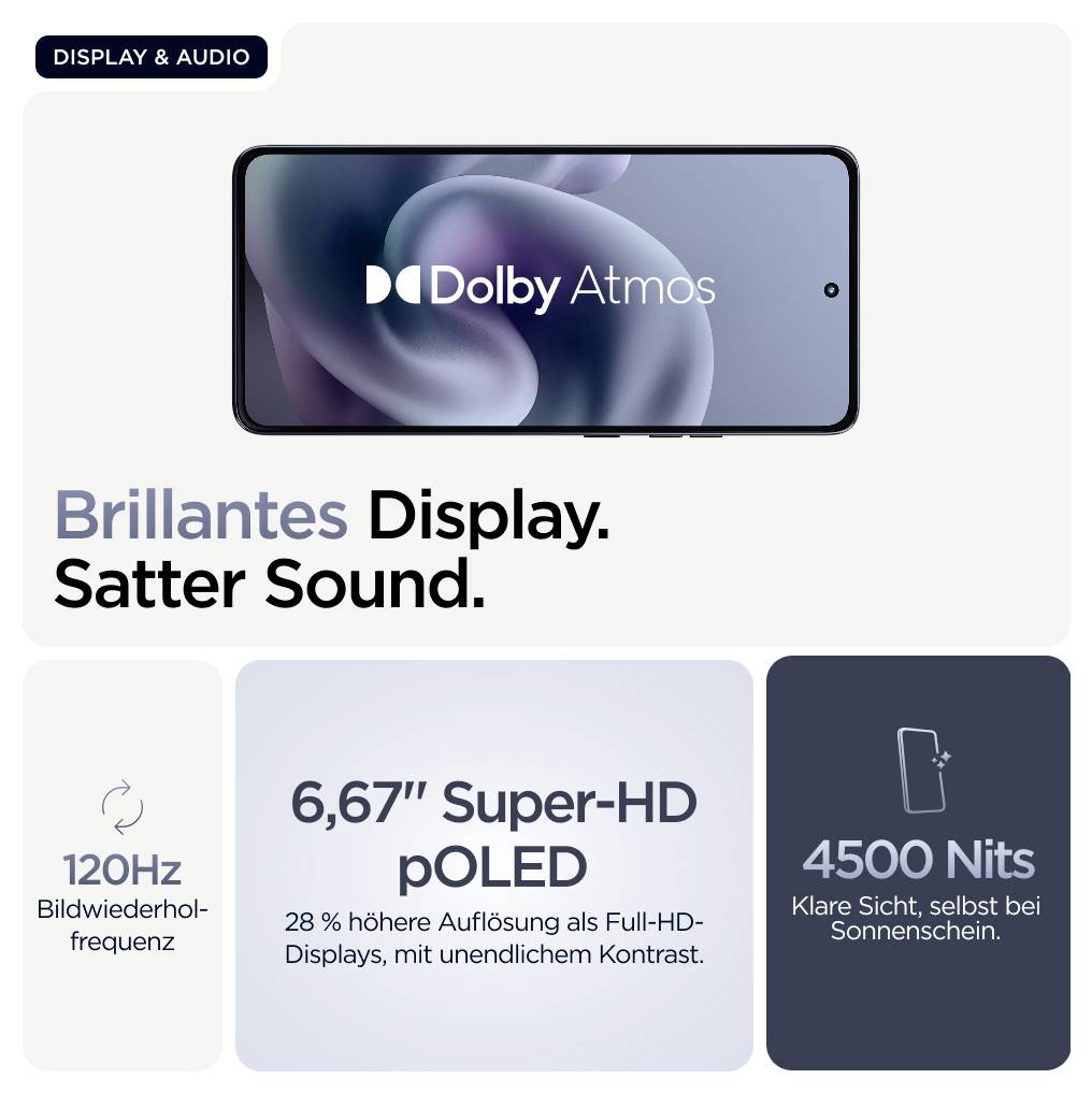 Smartphone-Display mit 'Brillantes Display. Satter Sound.' Text. Features: 120Hz Bildwiederholfrequenz, 6,67" Super-HD pOLED, 4500 Nits Helligkeit.