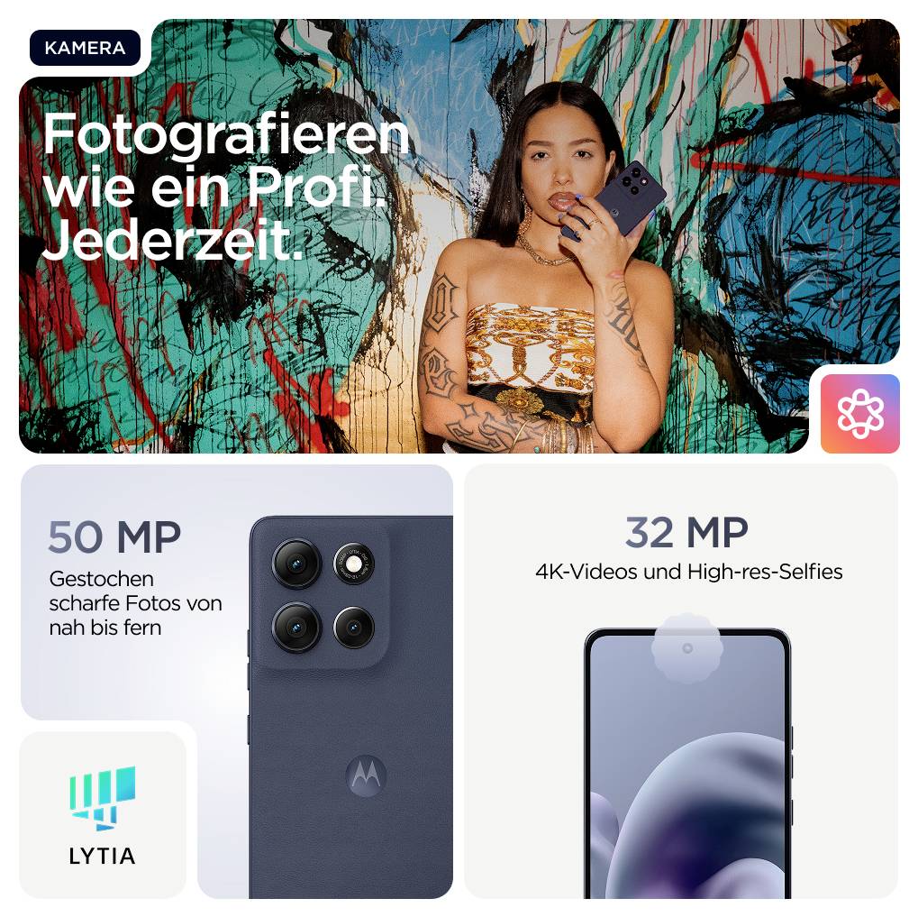 Eine Frau hält ein Smartphone. Text: 'Fotografieren wie ein Profi. Jederzeit.' Eigenschaften: 50 MP Fotos, 32 MP Selfies, 4K-Videos.