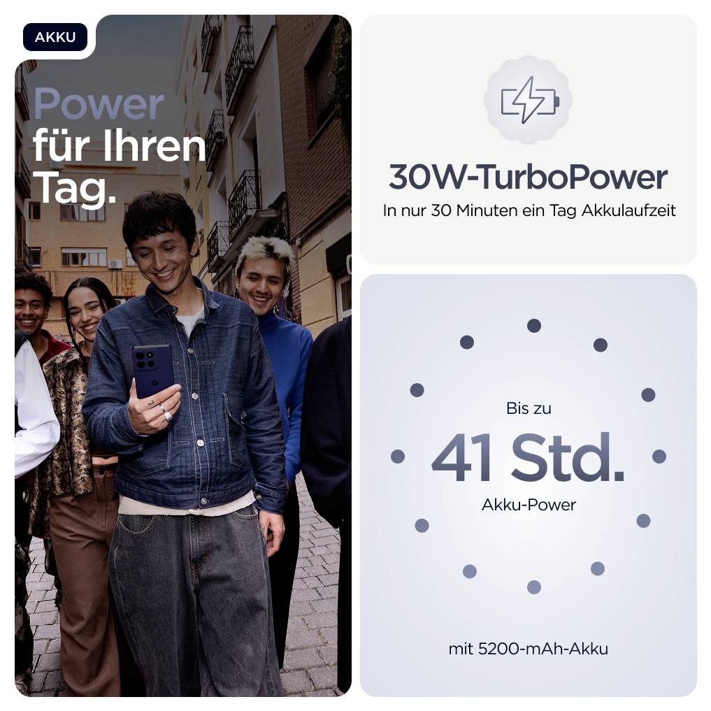 Violettes Smartphone mit drei rückwärtigen Kameras und einem Blitz, die in einem quadratischen Modul oben links angeordnet sind. Die Seitenansicht zeigt die Lautstärke- und Einschalttasten.