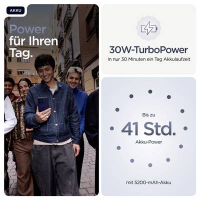Violettes Smartphone mit drei rückwärtigen Kameras und einem Blitz, die in einem quadratischen Modul oben links angeordnet sind. Die Seitenansicht zeigt die Lautstärke- und Einschalttasten.