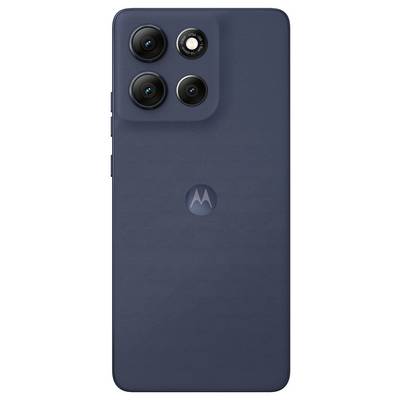 Rückansicht eines blauen Smartphones mit drei Kameraobjektiven und dem zentriert darunter angebrachten Motorola-Logo.