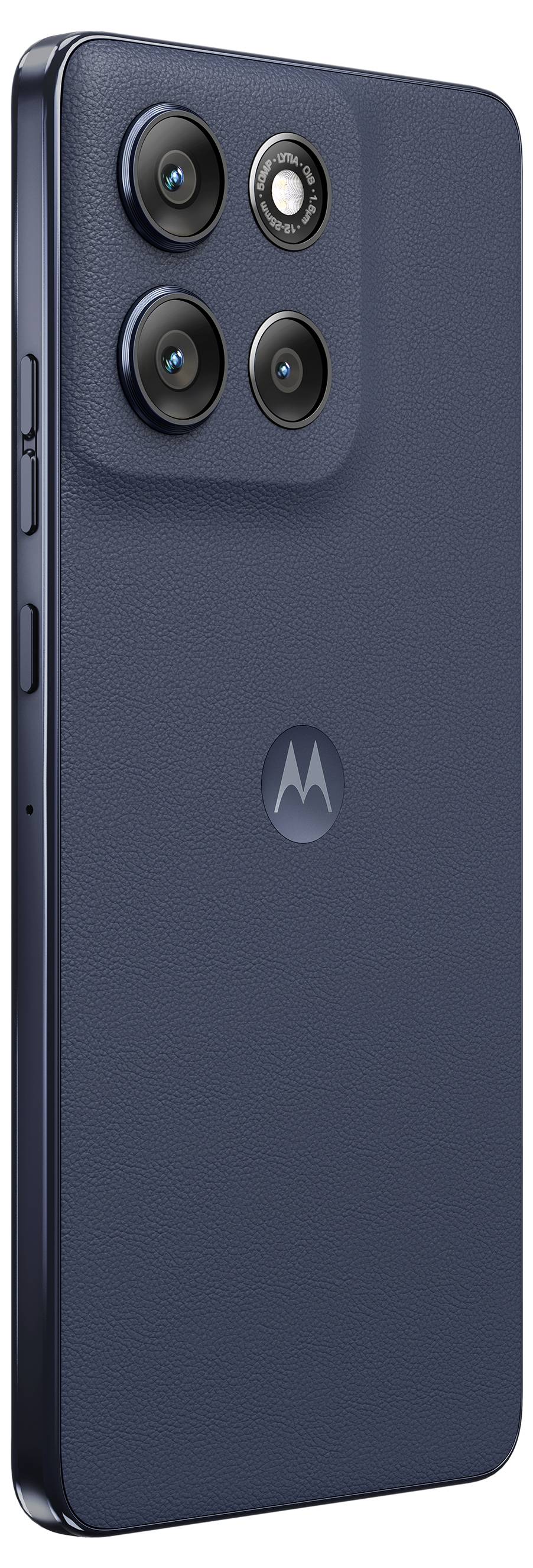 Ein blaues Smartphone, das seine Rückseite zeigt, mit einer strukturierten Rückseite, drei Kameras und einem prominenten Blitzmodul.