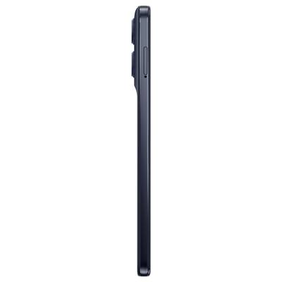 Seitenansicht eines dunklen Smartphones, die die Lautstärketaste und die duale Kamerawölbung auf der Rückseite zeigt.
