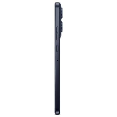 Seitenansicht eines Smartphones mit Tasten und der Kamerawölbung in der oberen rechten Ecke, die sein schlankes Profil und sein elegantes Design hervorhebt.