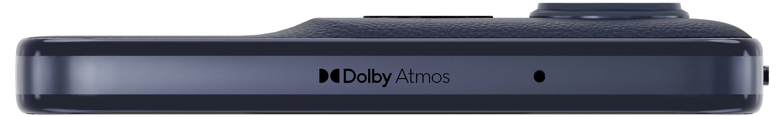 Seitenansicht eines Smartphones mit "Dolby Atmos"-Branding, mit elegantem, dunkelgefärbtem Design.