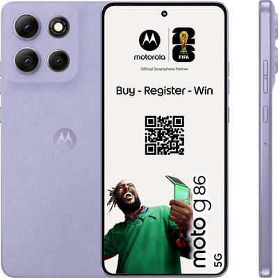 Motorola Moto G Handset mit Aktion: „Kaufen – Registrieren – Gewinnen". QR-Code enthalten. Offizieller Smartphone-Partner der FIFA, zeigt einen lächelnden Mann.