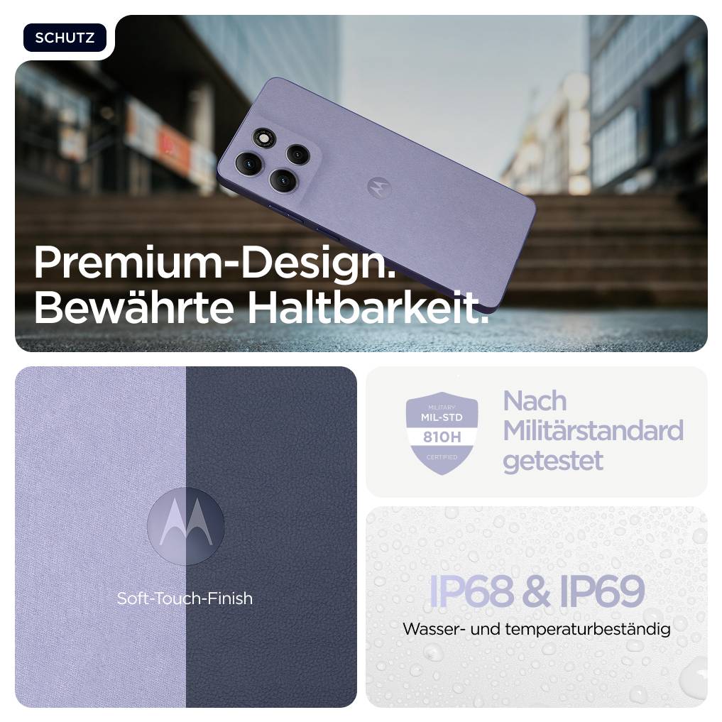 Ein Smartphone mit vier Kameras liegt auf einer Oberfläche. Text: 'Premium-Design. Bewährte Haltbarkeit.' und 'Nach Militärstandard getestet'. IP68 & IP69 wasser- und temperaturbeständig.