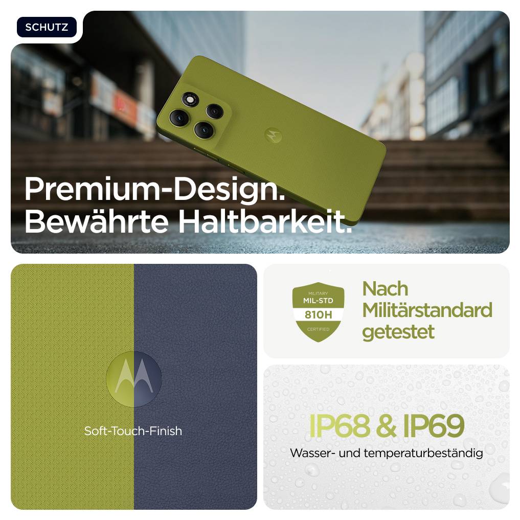 'Premium-Design. Bewährte Haltbarkeit.' Grüne Smartphone-Rückseite mit vier Kameras. 'Nach Militärstandard getestet.' 'IP68 & IP69 Wasser- und temperaturbeständig.'