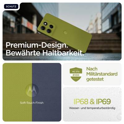 'Premium-Design. Bewährte Haltbarkeit.' Grüne Smartphone-Rückseite mit vier Kameras. 'Nach Militärstandard getestet.' 'IP68 & IP69 Wasser- und temperaturbeständig.'